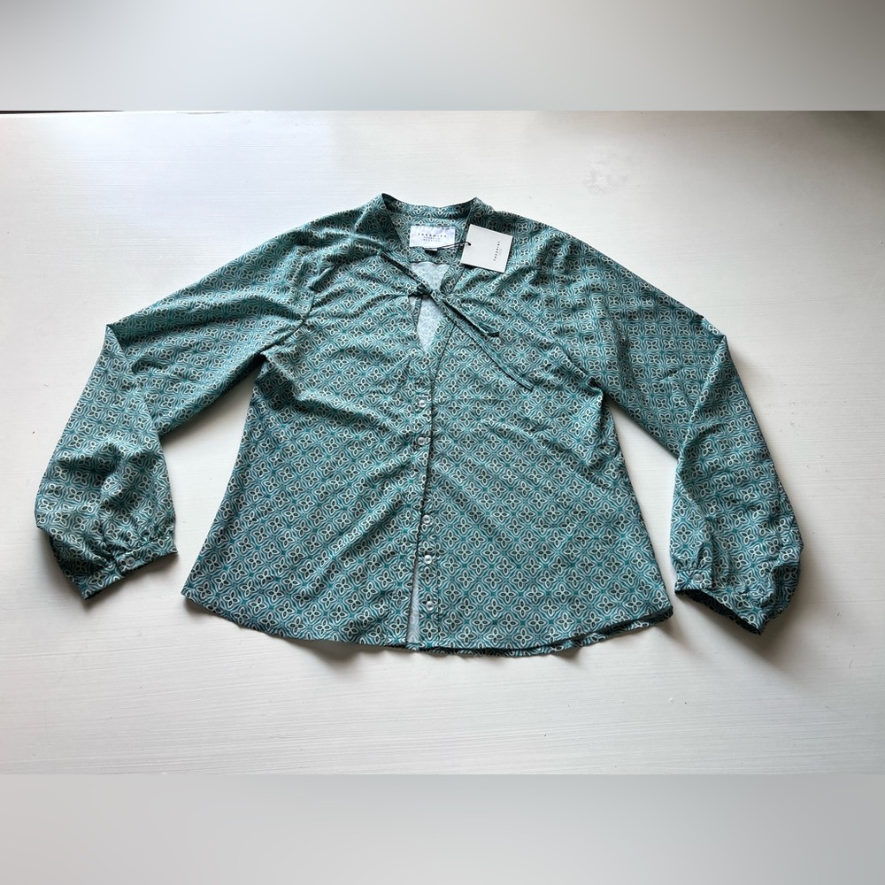 Rochelle Behrens Shirt Womens Blouse Button Front Floral Green Ballon